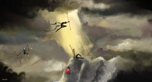 Peinture digitale : deux personnages volants en visent un troisième avec un arc, des flèches et une lance. Le 3è personnage, réfugié en haut d'une montagne, leur fait un doigt d'honneur tandis qu'une coccinnelle se dirige vers lui.