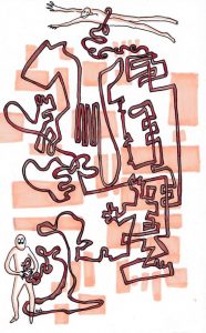 Dessin stylo et feutre : deux personnes reliées par leurs tripes qui sortent de leurs entrailles et forment un labyrinthe entre elles