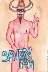 Aquarelle : Satan nu, avec des cornes, les cheveux en flammes et des lunettes de soleil, l'air ravi