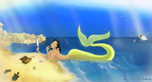 Peinture numérique : sirène se maquillant sur la plage tandis qu'un matelot se noie à l'horizon