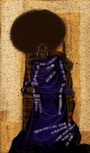 Dessin numérique : femme noire avec une afro, siégeant dans un trône avec une robe bleue
