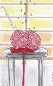 Dessin au stylo, feutre et aquarelle : cerveaux sanglants avec fourchette et herbes aromatiques