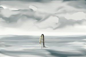 Peinture numérique : personne retroussant son pantalon dans un lac gris, ses cheveux flottent à la surface de l'eau