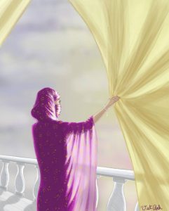 Peinture numérique : femme portant un melhfa rose, ouvrant des rideaux