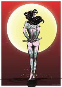 Dessin numérique : femme nue tatouée, avec couteaux et bracelets, devant la Lune