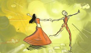 Peinture numérique : femme et personne neutre dansant dans une lumière jaune