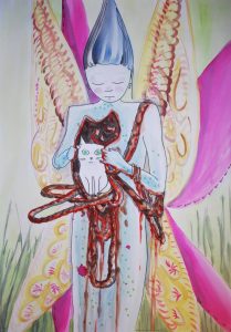 Peinture : Heartbreak. Personne avec des ailes abritant un petit chat blanc dans ses entrailles