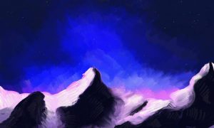 Peinture numérique : montagnes noires et roses sur ciel sombre