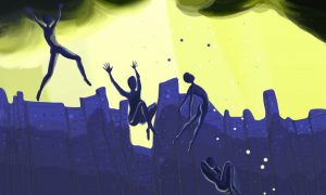 Peinture numérique : créatures bleues sautant et volant devant des immeubles sombres