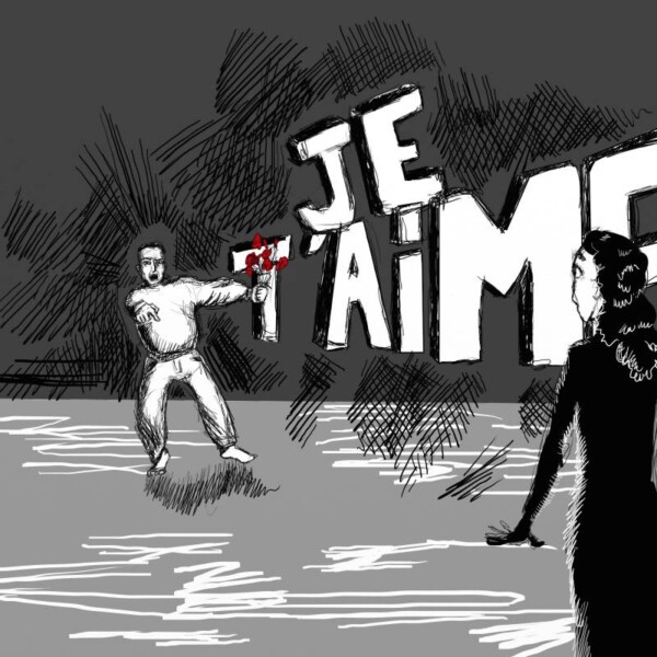 peinture digitale : homme criant "je t'aime", un bouquet de fleurs rouges à la main, à sa femme tétanisée