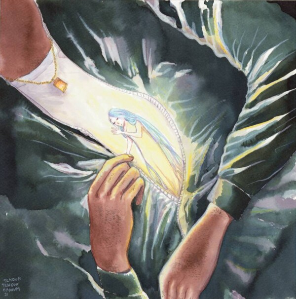 Aquarelle : petite femme lumineuse aux cheveux bleus se réfugiant dans la veste d'un homme géant qui lui tient la main