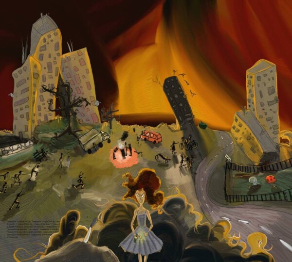 Peinture numérique : quartier avec jeune fille tenant un cocktail molotov sur fond de flammes