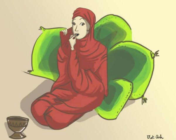 Dessin numérique : femme voilée, portant un met à sa bouche