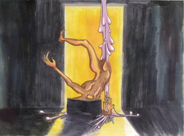Dessin au feutre : créature dont la tête est si lourde qu'elle est devenue une enclume posée au sol; ses membres sont éparpillés, une de ses jambes est en cire rose et coule du plafond