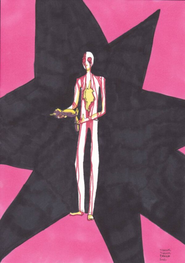 Dessin stylo feutre : créature avec un trou au milieu du ventre tenant un petit chat dans ses bras