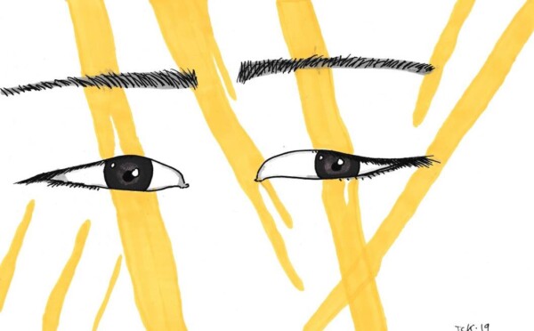 Dessin au feutre : yeux bridés sur fond jaune et blanc