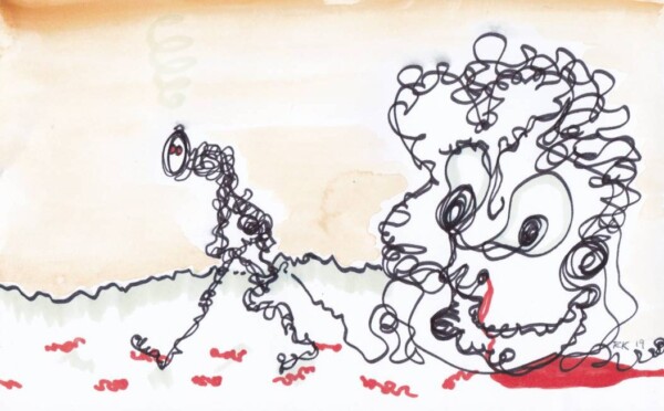 Dessin : créature alambiquée suivie par tête alambiquée