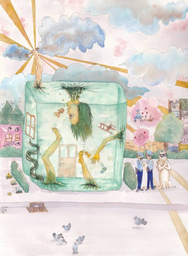 Peinture aquarelle : blob géant vert contenant une personne tête en bas. A l'extérieur, des policiers, un chat et des pigeons.