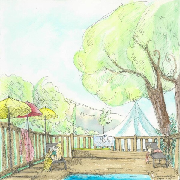Aquarelle : personne sur un transat lisant au bord d'une piscine, sur fond de verdure et de montagnes