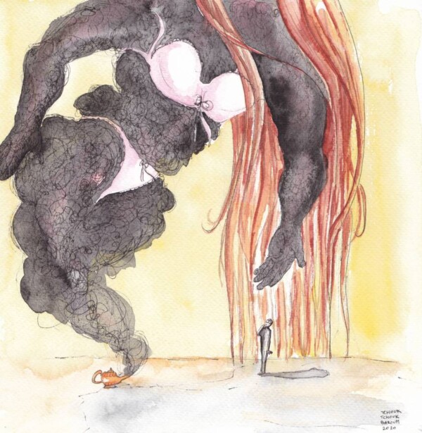 Aquarelle : génie féminin sortant d'une lampe et tendant la main à un petit homme