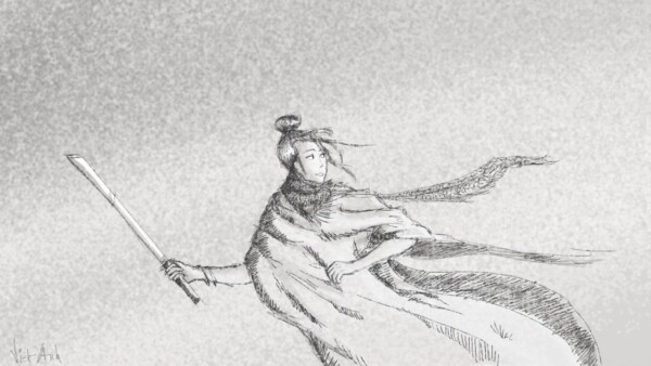 Dessin numérique : femme vêtue d'un long manteau portant un katana