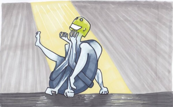 Dessin au feutre : personne avec 5 bras et deux jambes se tordant vers la lumière