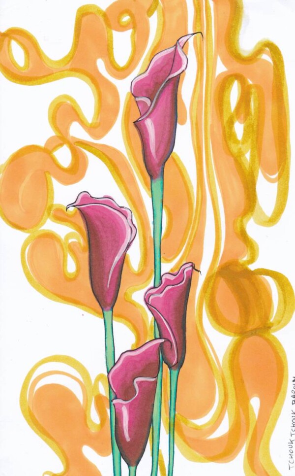 Dessin au stylo et feutre de red stars : fleurs sur fond orange