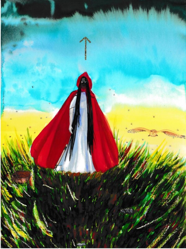 Aquarelle et acrylique : petit chaperon rouge démoniaque, invoquant le dieu de la justice, Tyr, avec son armée d'abeille et sa chouette
