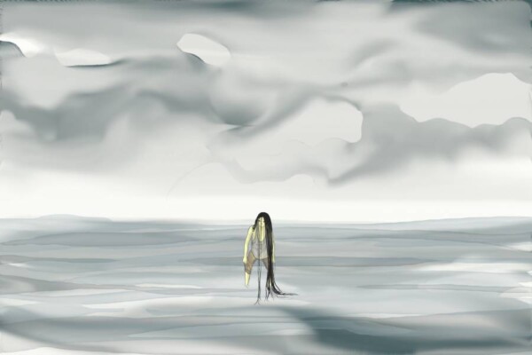 Peinture numérique : personne retroussant son pantalon dans un lac gris, ses cheveux flottent à la surface de l'eau