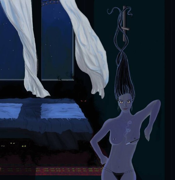 Dessin numérique : femme topless, avec porte cigarette et chambre nocturne