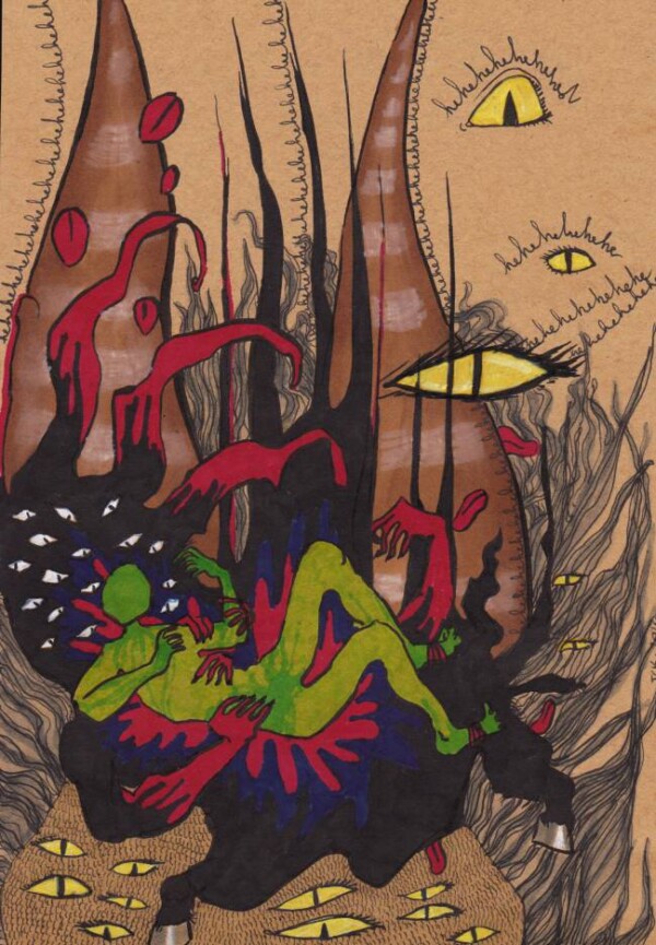 Dessin au stylo et feutre : créatures avec yeux, cornes, multiples bras disant hehehehehehehe