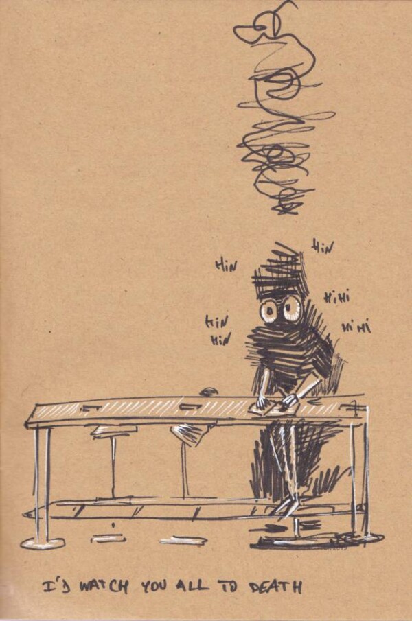 Dessin : créature ricanant en train de dessiner à un bureau