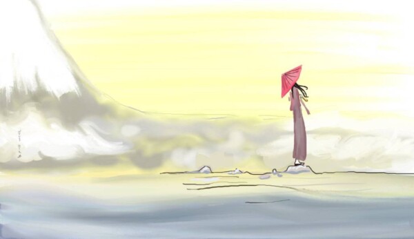 Peinture numérique : femme en robe avec ombrelle devant un décor montagneux