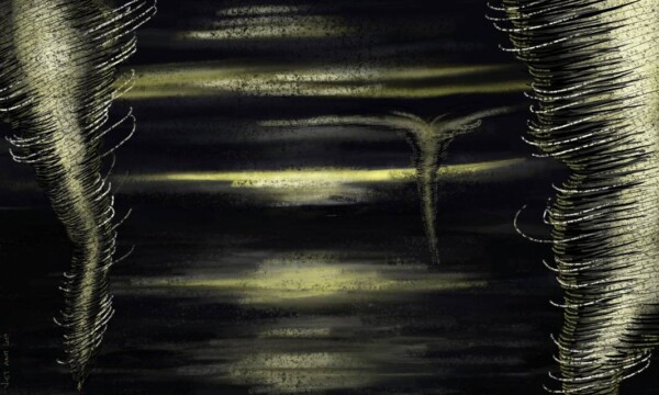 peinture numérique : tornades jaunes sur ciel et mer noirs
