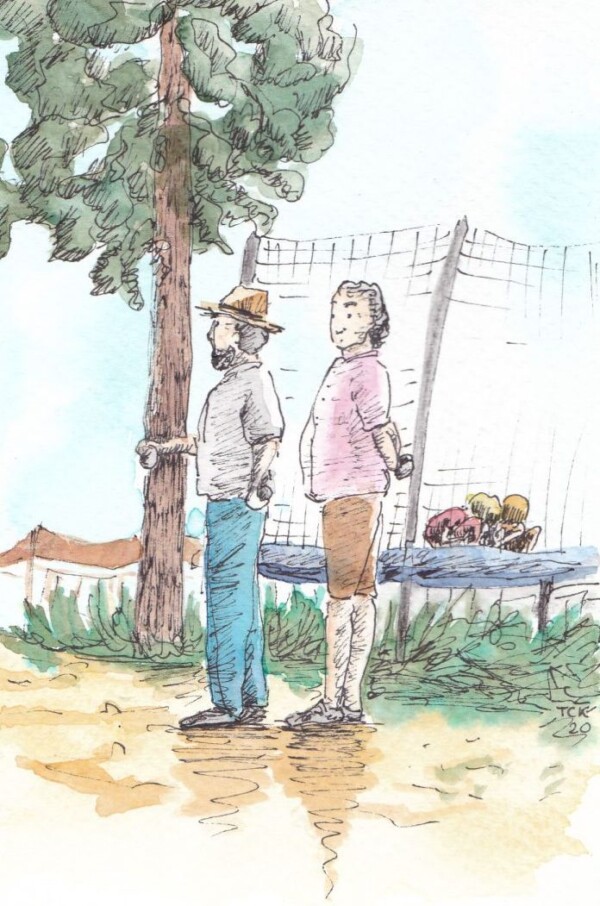 Aquarelle : messieurs jouant à la pétanque à côté d'un arbre et d'enfants sur un trampoline