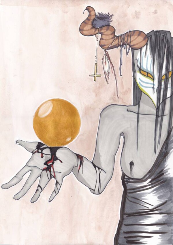 Aquarelle et dessin au feutre : créature féminine portant masque blanc et corne fait voleter une sphère dorée et présentant des stigmates