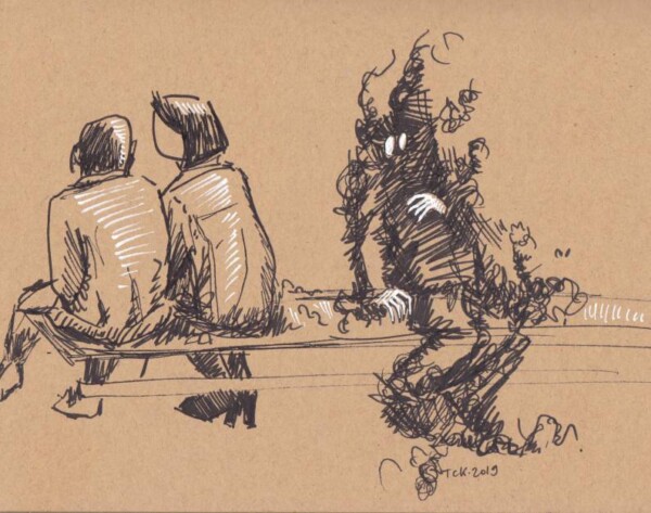 Dessin : un couple installé sur un banc est guetté par une autre créature