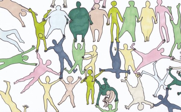 Dessin au feutre : des personnes de différentes morphologies se tiennent la main