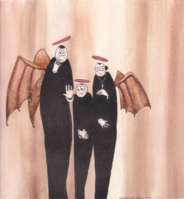 Aquarelle : personnes vêtues de noir avec des ailes de chauve-souris crochues et des auréoles se regardant d'un air confus