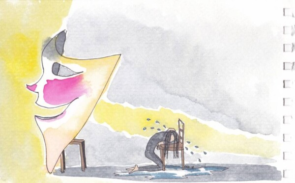 Aquarelle : un masque géant et souriant cache une personne en pleurs