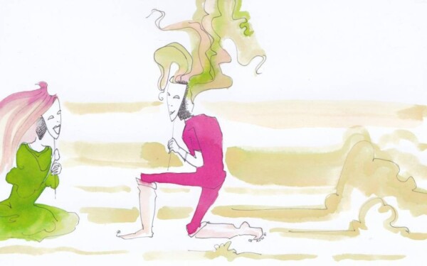 Aquarelle : deux personnages portant chacun un masque se font face