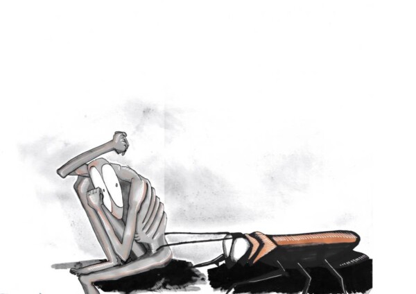 Aquarelle ou feutre : créature squelettique tâtée par cafard