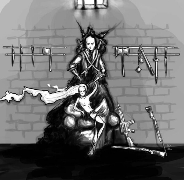 Dessin numérique : couple posant dans une armurerie avec fusils, hache et masse d'arme