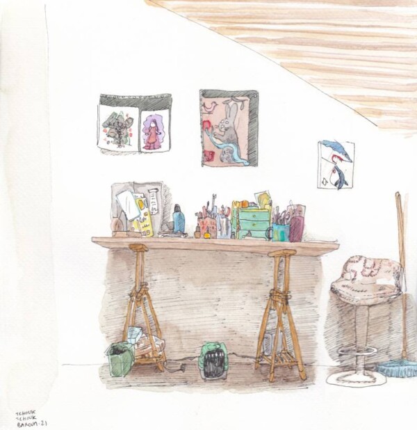 Aquarelle : décor d'un studio de peinture