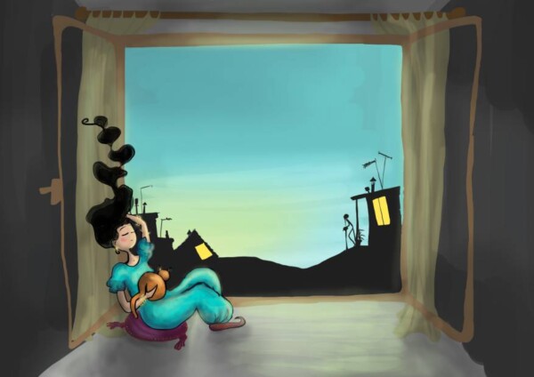 Peinture numérique: femme à sa fenêtre, avec un chat sur ses genoux