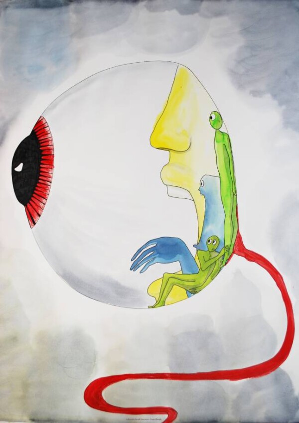 Peinture : oeil géant contenant des personnes qui fixent toutes un même point