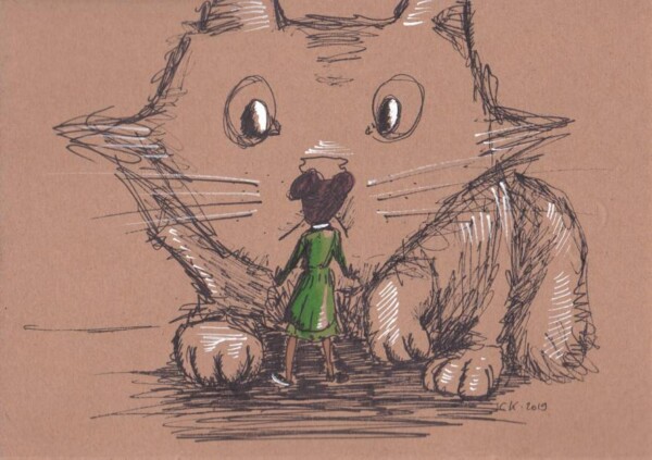 Dessin : petit fille brune avec des macarons faisant face à un gros chat surpris