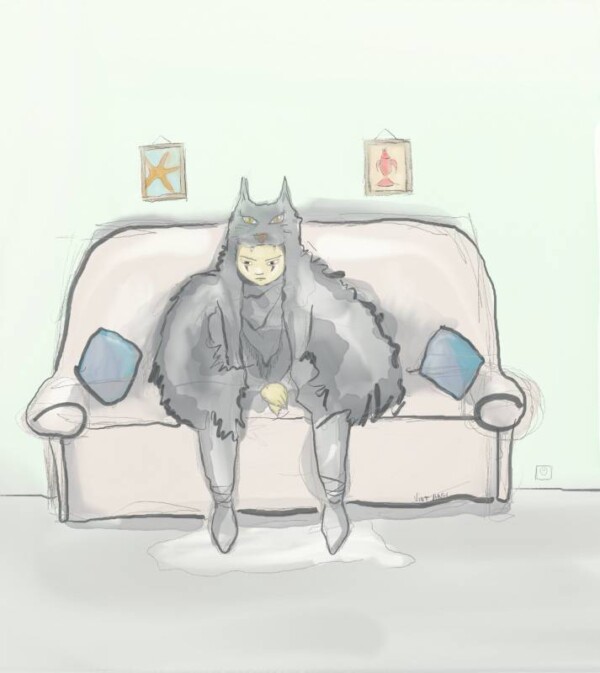 Dessin numérique : jeune personne portant une peau de loup et des guêtres installée sur un canapé, l'air boudeur