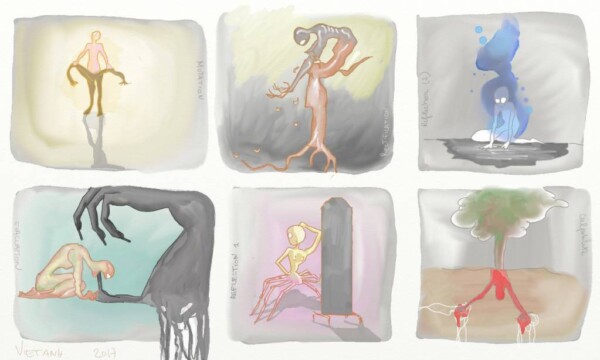 Peintures numériques : vignettes avec créatures changeant de peau