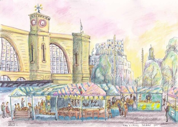 Dessin des étals du marché, devant la gare de King's cross, à Londes